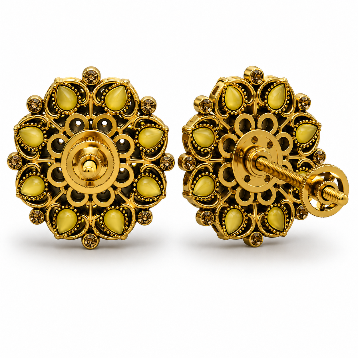 Antique Gold-Tone Yellow Stone Floral Stud Earrings